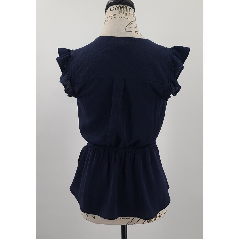 Monteau ladies ruffle cap sleeve faux wrap peplum top blue Size Small office - Picture 2 of 7